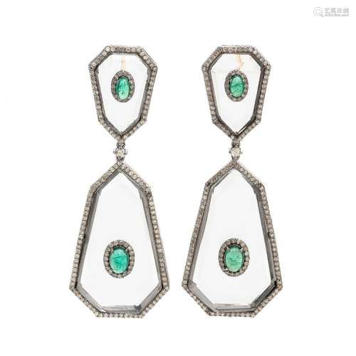 ROCK CRYSTAL, EMERALD AND DIAMOND EARRINGS