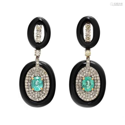 ONYX, EMERALD AND DIAMOND EARRINGS