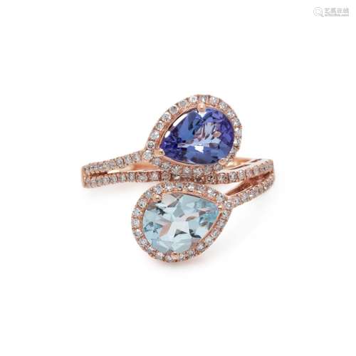 TANZANITE, AQUAMARINE AND DIAMOND RING