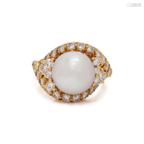 HENRY DUNAY, CULTURED SOUTH SEA PEARL AND DIAMOND RING