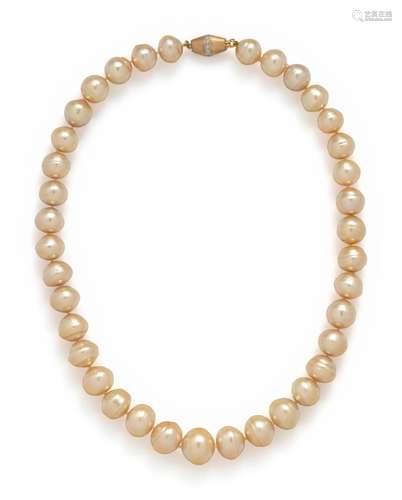 CULTURED GOLDEN BAROQUE PEARL AND DIAMOND NECKLACE †