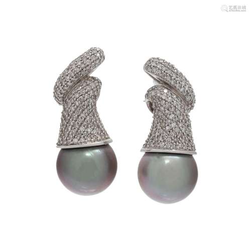 CULTURED TAHITIAN PEARL AND DIAMOND EARCLIPS