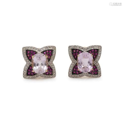 KUNZITE, DIAMOND AND PINK SAPPHIRE EARCLIPS