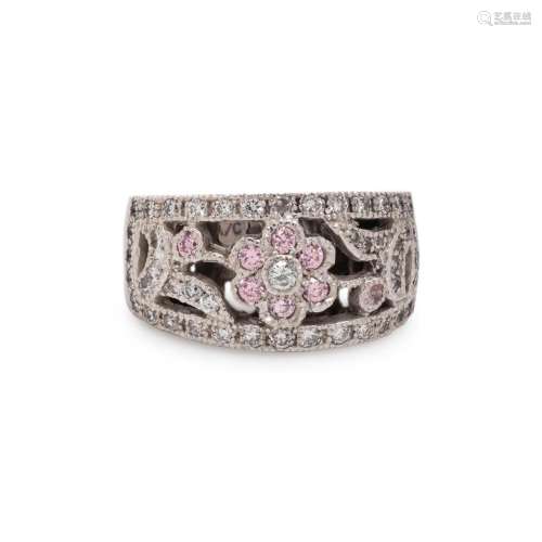 WHITE GOLD, DIAMOND AND PINK STONE RING