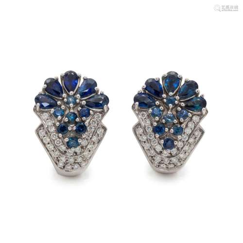 SONIA B., SYNTHETIC SAPPHIRE AND DIAMOND EARCLIPS