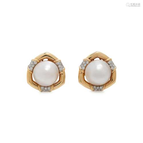 CULTURED MABE PEARL AND DIAMOND EARCLIPS