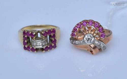 Two 14k Gold Art Deco Ruby and Diamond Rings