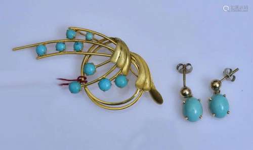 14k Gold Persian Turquoise Brooch and Earring Set