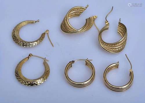 Three Pairs 14k Gold Hoop Earrings