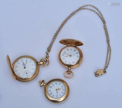 Two 14k Gold Ladies Pocket Watches & Fob
