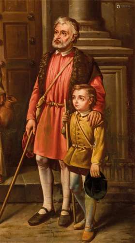 19th C. Spanish School. blind guide boy