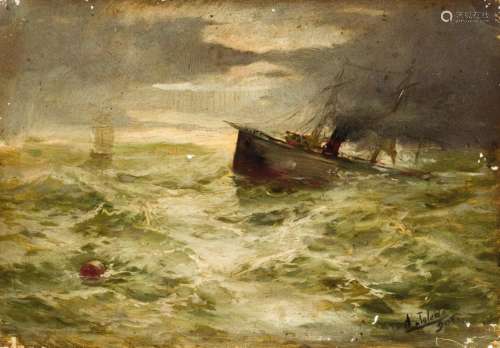 19th C. Spanish School. Boats in the storm