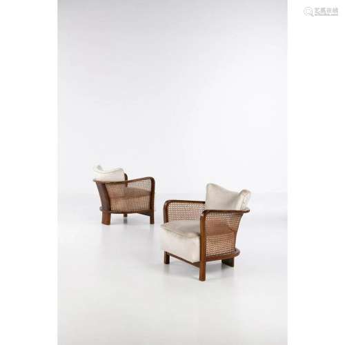 Gio Ponti (1891-1979) Pair of armchairs Walnut, caning and f...