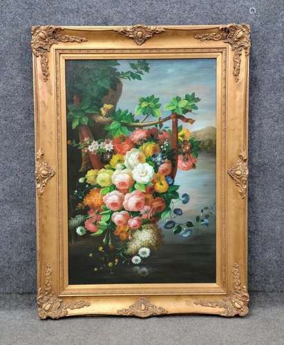 Large Flower Painting In Gilt Frame