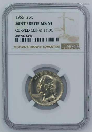 1965 WASHINGTON QUARTER 25C NGC MS 63 UNC - MINT ERROR CURVE...