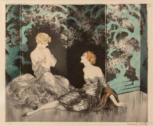 Louis Icart- Intimacy 1928 Etching in colors on paper - sign...