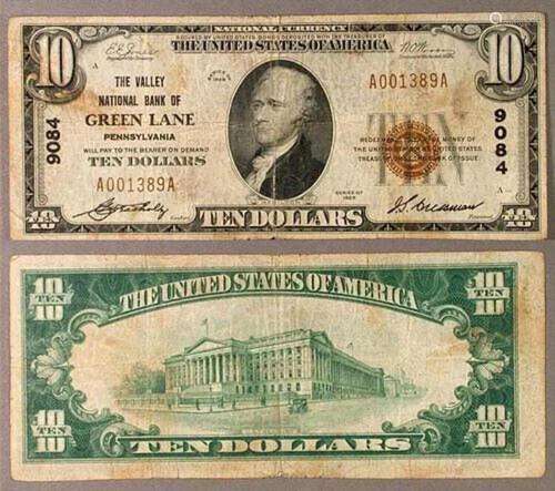 Green Lane PA $10 1929 T-1 National Bank Note Ch #9084 Valle...