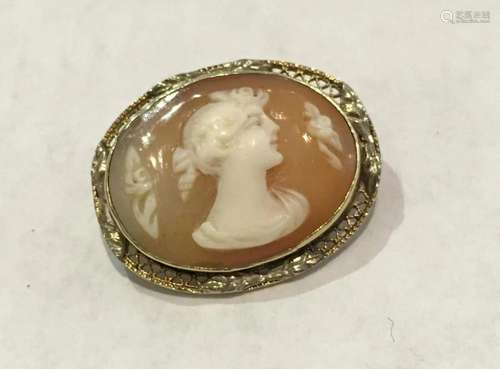 Antique Art Deco Shell Cameo Brooch Pendant 14k Yellow Gold