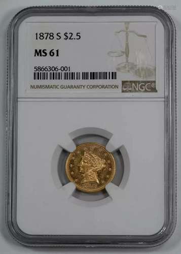 1878 S LIBERTY HEAD QUARTER EAGLE $2.50 GOLD NGC MS 61 UNC -...