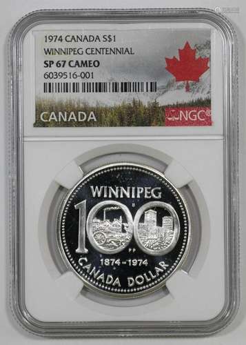 1974 PROOF CANADA WINNIPEG CENTENNIAL S$1 NGC SP 67 CAMEO SP...