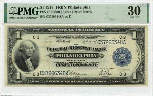 1918 $1 FRBN Philadelphia Blue Seal Fr# 717 PMG VF30