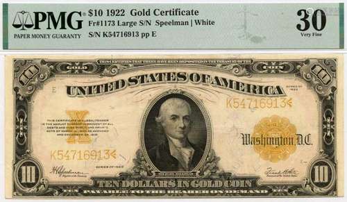 1922 $10 Gold Certificate Fr# 1173 PMG VF30