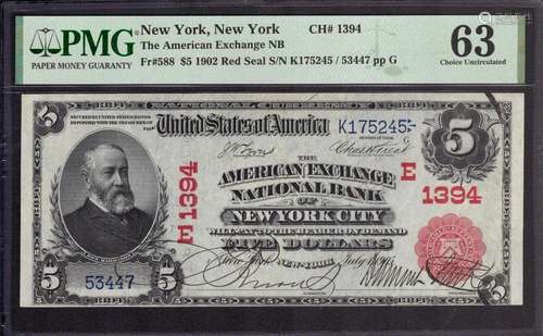 1902 RED SEAL $5 AMERICAN EXCHANGE NATIONAL BANKNOTE NEW YOR...