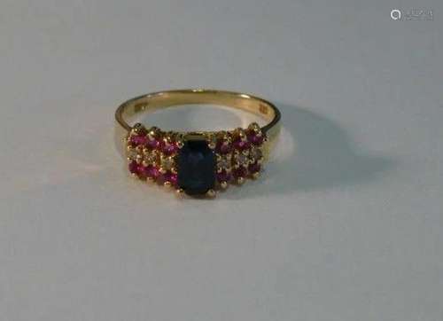 14k Yellow Gold Blue Sapphire & Ruby Ring Size - 8.25