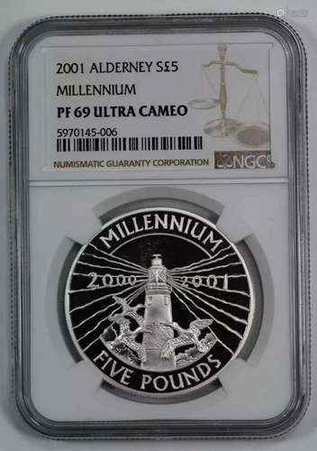 2001 PROOF ALDERNEY MILLENNIUM FIVE POUNDS SPS5 SILVER NGC P...