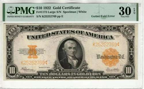 1922 $10 GOLD CERTIFICATE GUTTER FOLD ERROR NOTE FR.1173 PMG...