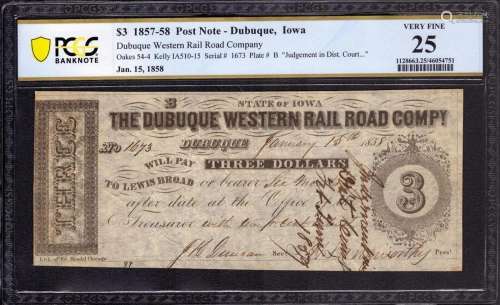 1857 $3 DUBUQUE WESTERN RAIL ROAD COMPANY IOWA OBSOLETE NOTE...