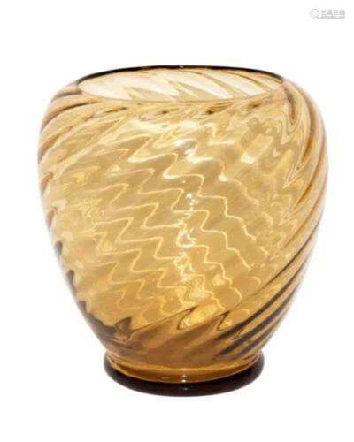 Steuben Olive Green Spiral Glass Ribbed Vase