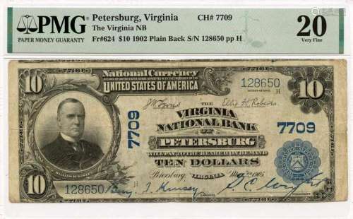 1902 $10 Virginia NB Petersburg VA CH#7709 PMG VF20