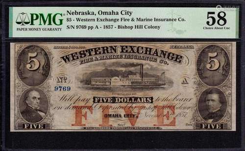 1857 $5 WESTERN EXCHANGE BISHOP HILL OMAHA CITY NEBRASKA OBS...