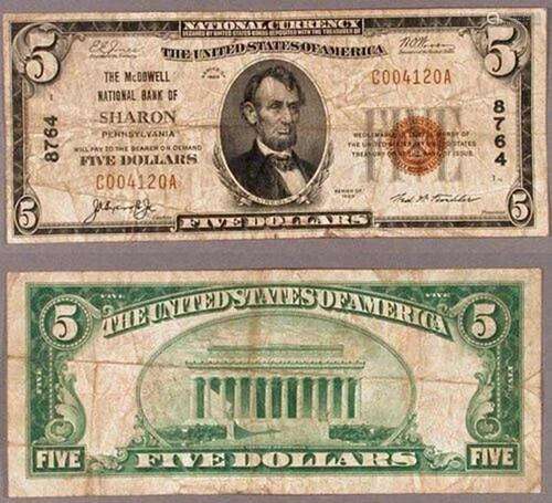 Sharon PA $5 1929 T-1 National Bank Note Ch #8764 McDowell N...