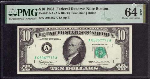 1963 $10 FEDERAL RESERVE NOTE BOSTON FR.2016-A AA BLOCK PMG ...