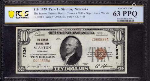 1929 $10 STANTON NATIONAL BANKNOTE CURRENCY NEBRASKA PCGS B ...