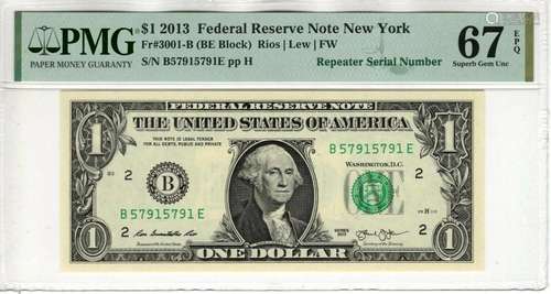 2013 $1 FEDERAL RESERVE NOTE NEW YORK REPEATER SERIAL FR.300...