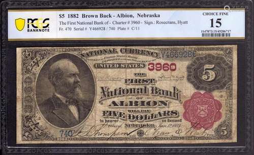 1882 BB $5 FIRST NATIONAL BANKNOTE CURRENCY ALBION NEBRASKA ...