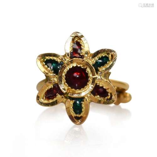 22K Yellow Gold Red and Green Enamel Ring 3.9gr