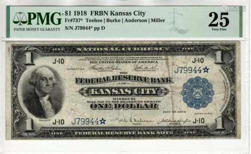 1918 $1 FEDERAL RESERVE BANK STAR NOTE KANSAS CITY FR.737* P...
