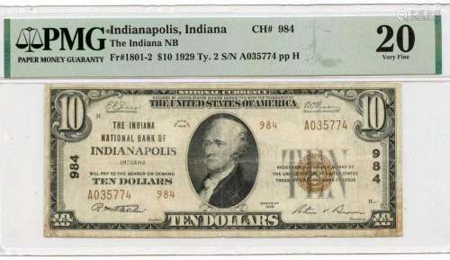 1929 Ty. 2 $10 Indiana NB of Indianapolis IN CH#984 PMG VF20