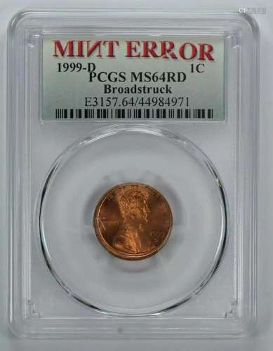 1999 D LINCOLN MEMORIAL CENT PENNY 1C PCGS MS 64 RED UNC ERR...