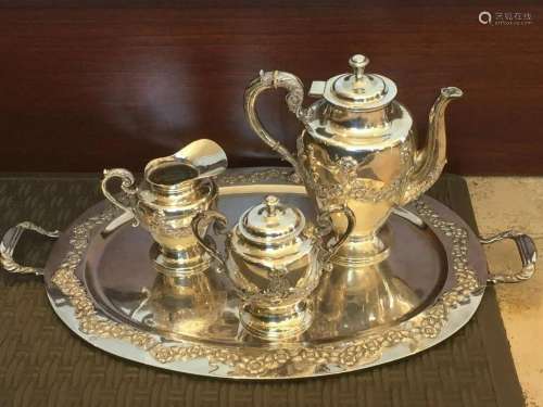 Large Three Piece Sterling Tea Set & Tray 130ozt Total W...