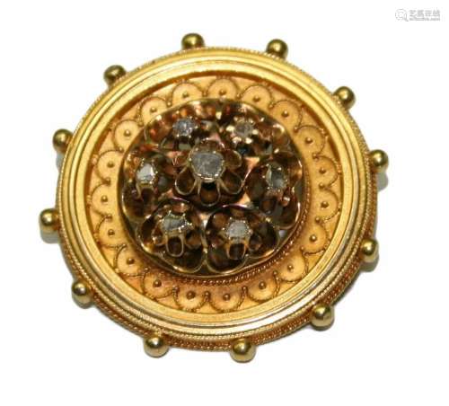 Etruscan Revival 15k Yellow Gold & Diamond Brooch