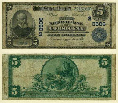 Corsicana TX $5 1902 PB National Bank Note Ch #3506 First NB...
