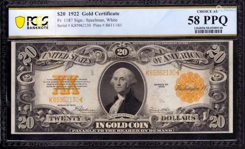 1922 $20 GOLD CERTIFICATE NOTE FR.1187 SPEELMAN WHITE PCGS B...