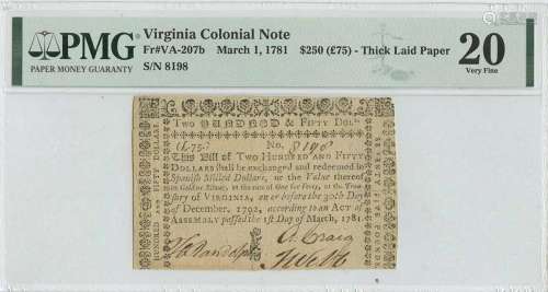 1781 $250 Virginia Colonial Note Mar 1st VA207b PMG VF20