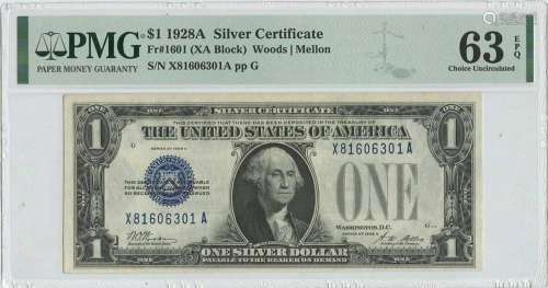 1928A $1 Silver Certificate Blue Seal FR#1601 PMG 63 EPQ