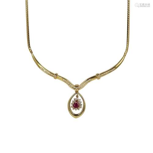 14K Yellow Gold Ruby Diamond Necklace .50ct Ruby .50TDW